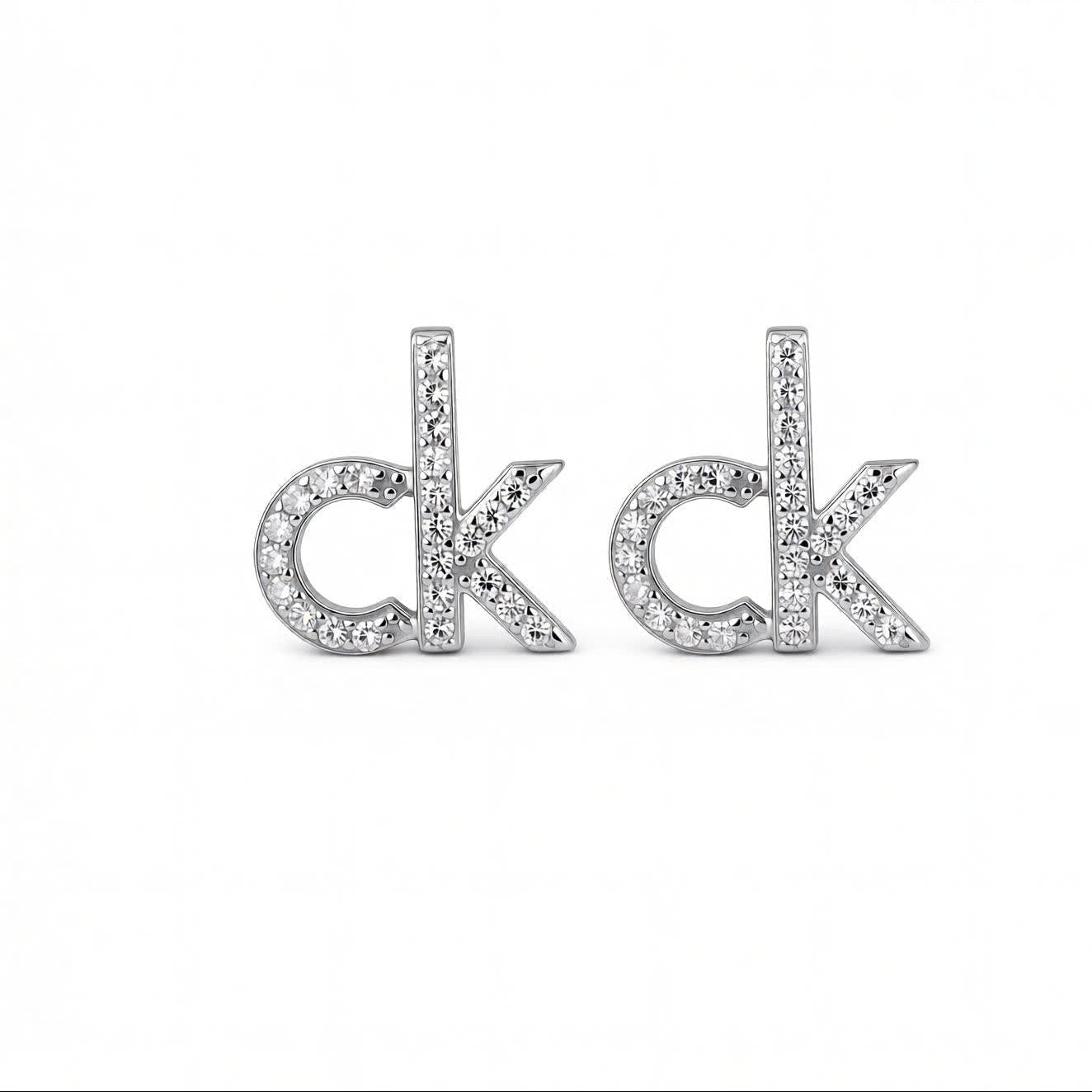 Unisex Silver CK Stud Earrings | 925 Sterling Silver Pavé Design | Minimal Everyday Luxury