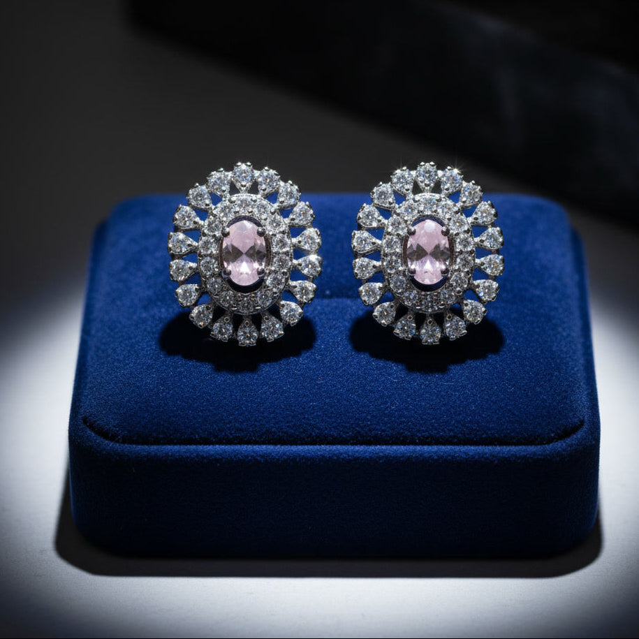 Blush Pink Halo Diamond Stud Earrings in White Gold Finish