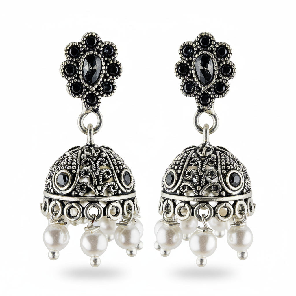 Minimal Oxidised Silver Jhumka Earrings with Pearl Drops & Black Stones
