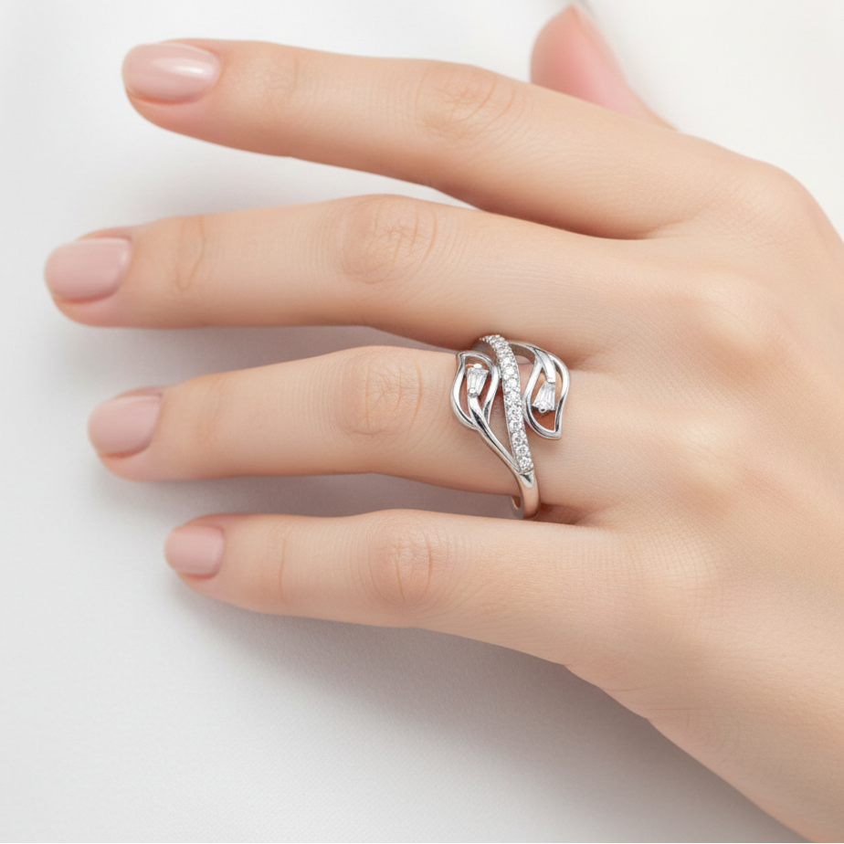 Elegant Silver Wave CZ Ring for Women | Daily Wear & Party Jewellery