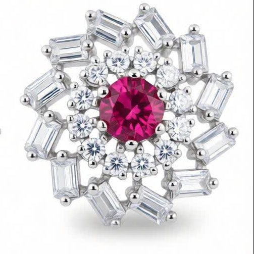 Ruby Halo Silver Stud Earrings – Minimal Diamond Look (Pair)