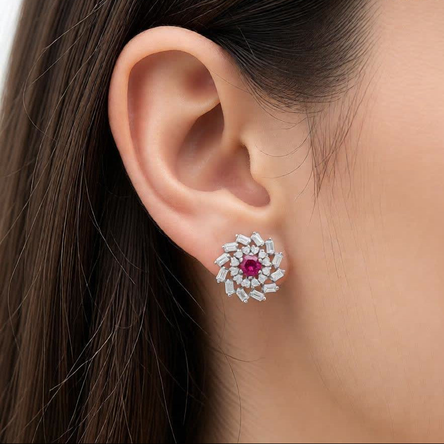 Ruby Halo Silver Stud Earrings – Minimal Diamond Look (Pair)