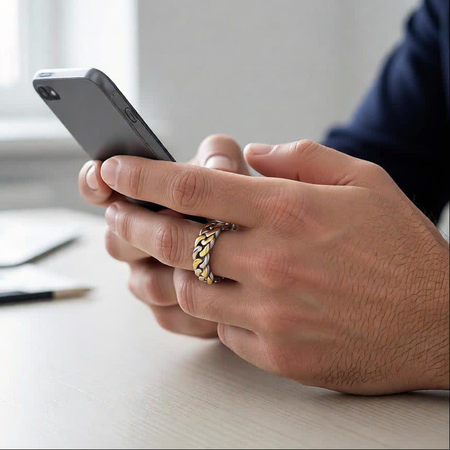 Men’s Silver Chain Design Ring with Gold Accent