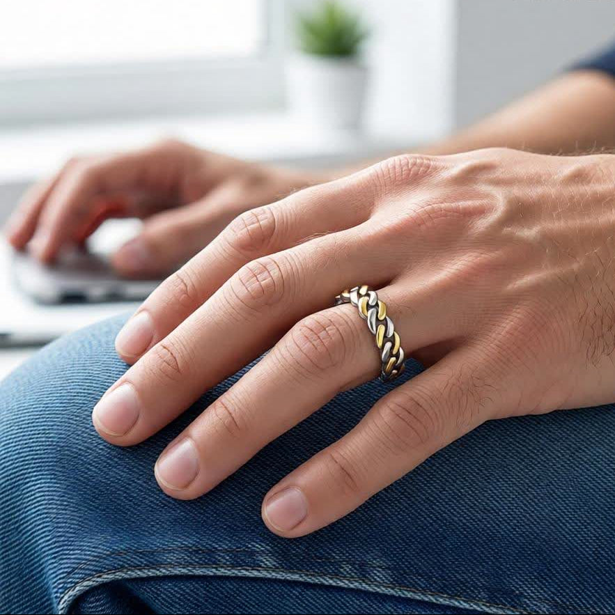 Men’s Silver Chain Design Ring with Gold Accent