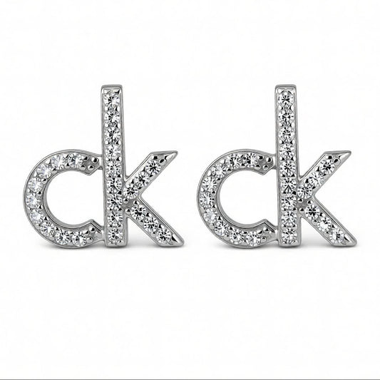 Unisex Silver CK Stud Earrings | 925 Sterling Silver Pavé Design | Minimal Everyday Luxury