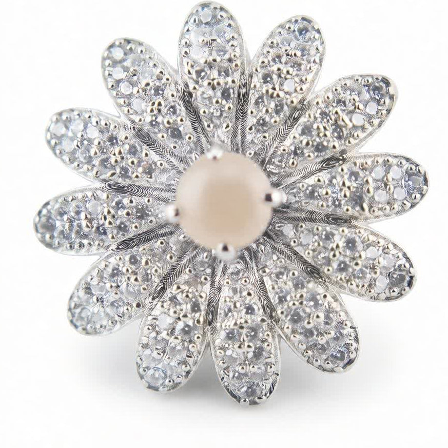 Floral Diamond Pave Statement Ring – Elegant Silver Blossom Design