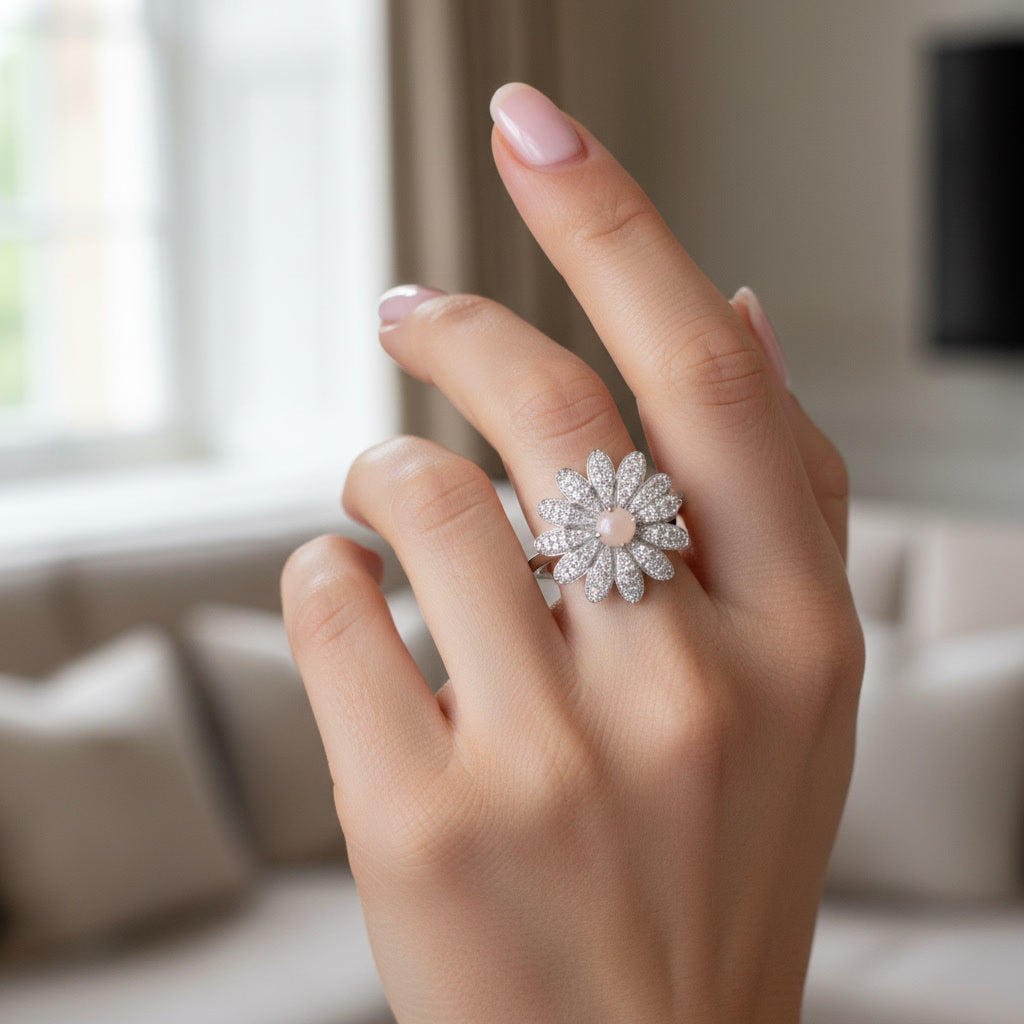 Floral Diamond Pave Statement Ring – Elegant Silver Blossom Design