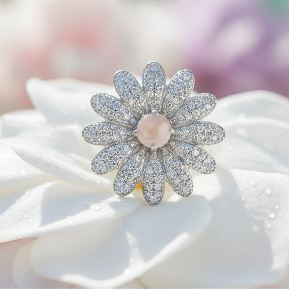 Floral Diamond Pave Statement Ring – Elegant Silver Blossom Design
