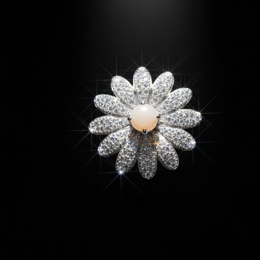 Floral Diamond Pave Statement Ring – Elegant Silver Blossom Design