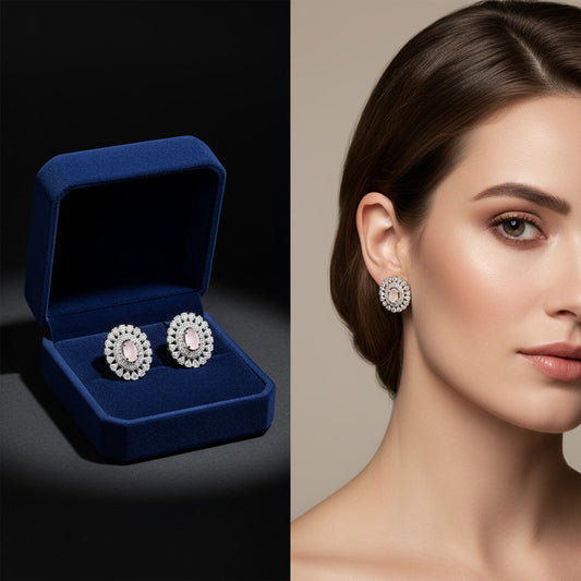 Blush Pink Halo Diamond Stud Earrings in White Gold Finish