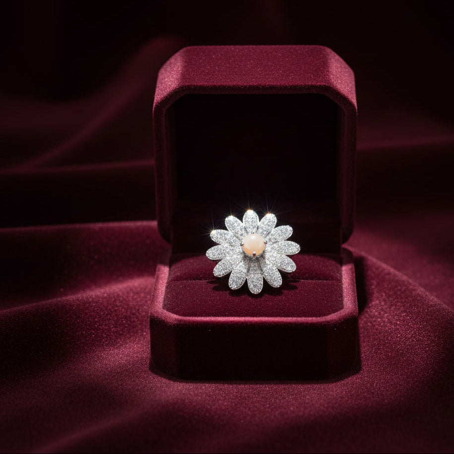 Floral Diamond Pave Statement Ring – Elegant Silver Blossom Design