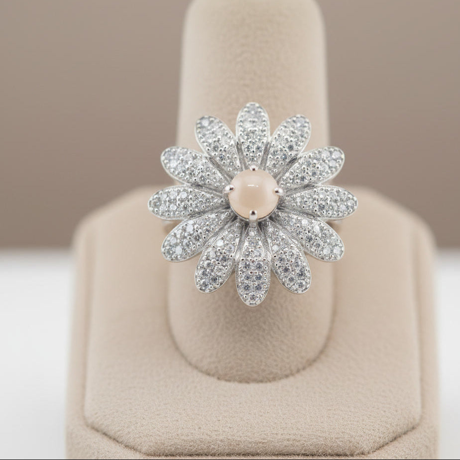 Floral Diamond Pave Statement Ring – Elegant Silver Blossom Design