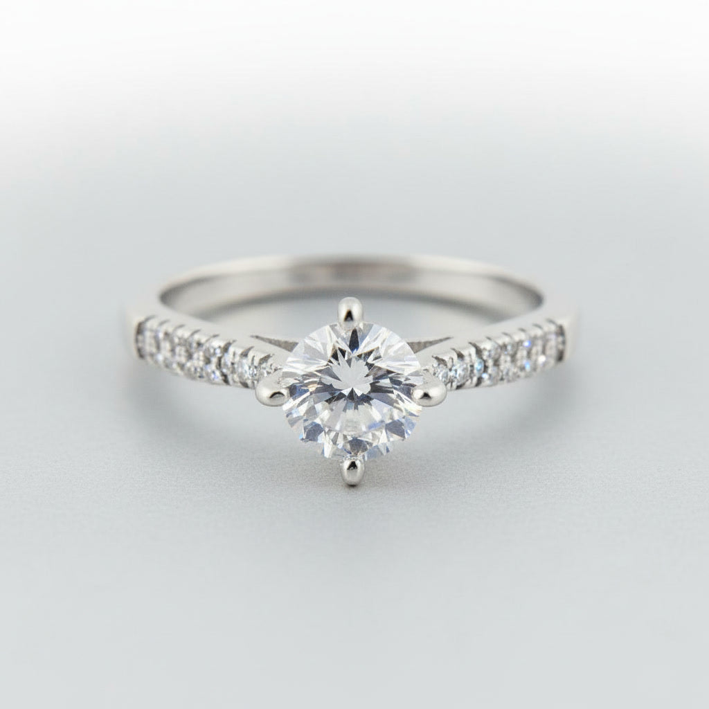 Elegant Solitaire Silver Ring with Pave Accents