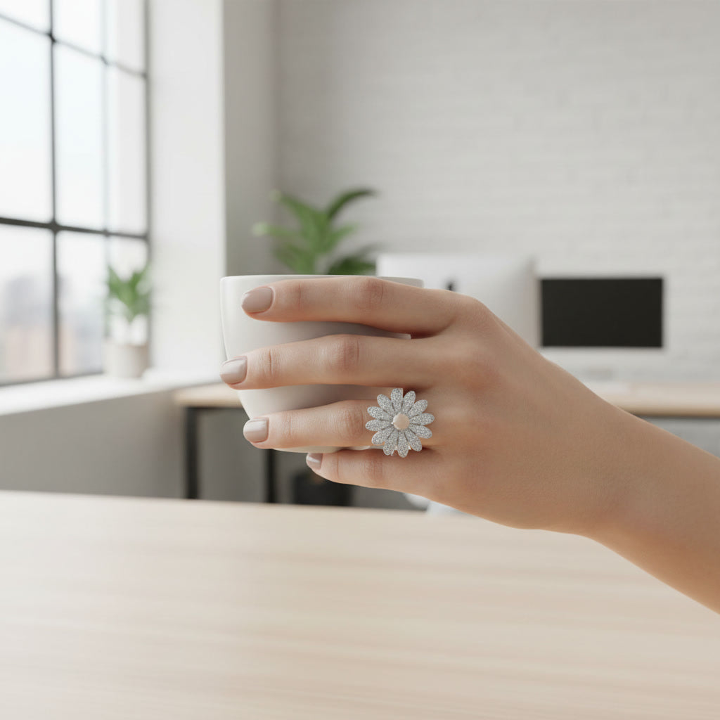 Floral Diamond Pave Statement Ring – Elegant Silver Blossom Design