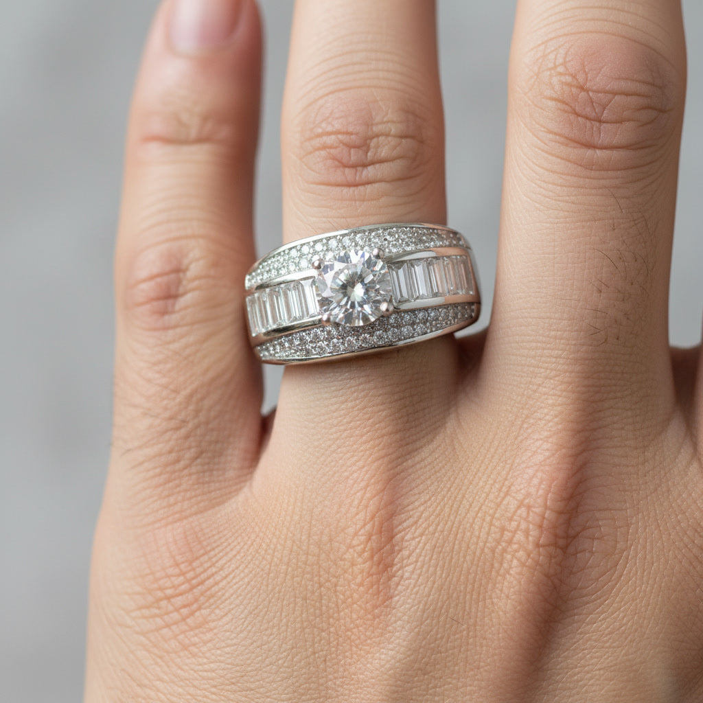 Men’s Premium Silver Diamond Ring with Round Center Stone & Baguette Side Setting