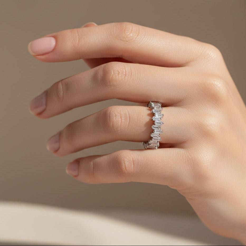 Elegant Baguette-Cut Silver Eternity Ring | Premium Finish