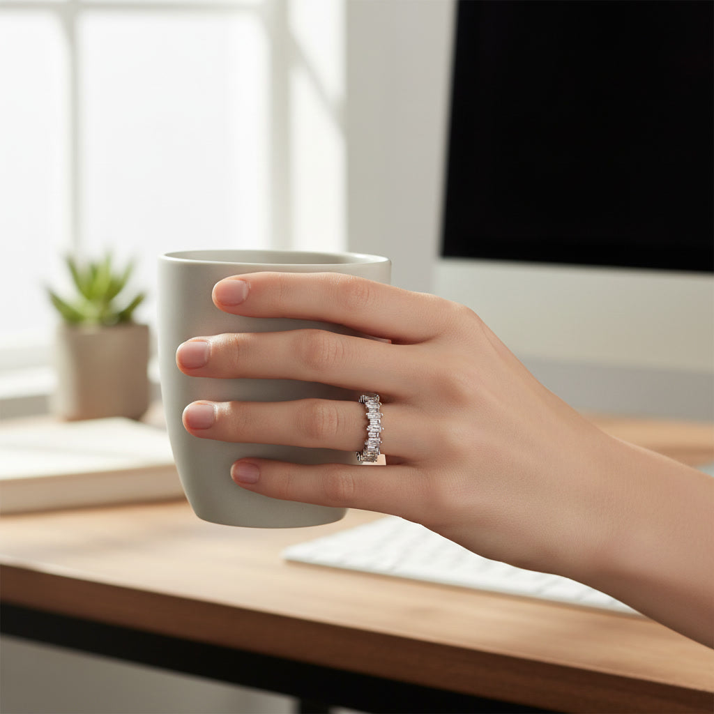 Elegant Baguette-Cut Silver Eternity Ring | Premium Finish