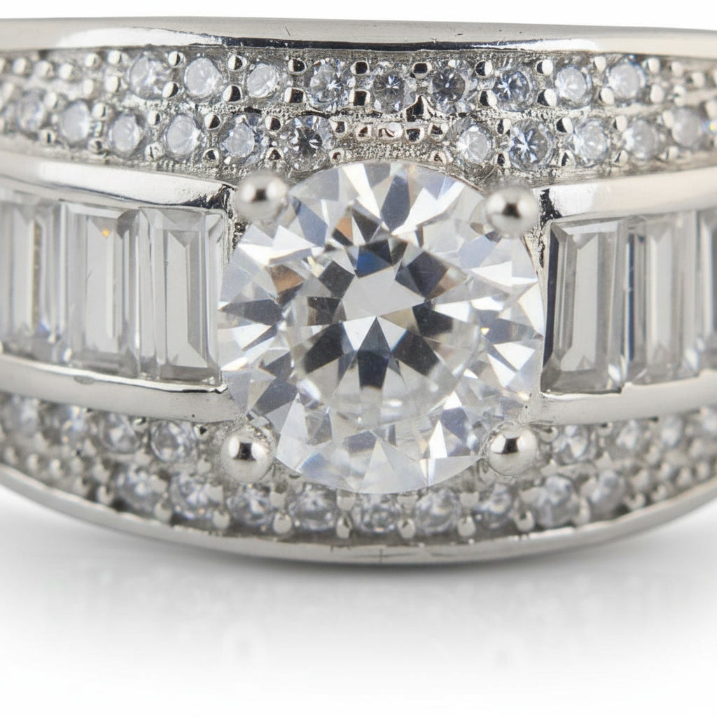 Men’s Premium Silver Diamond Ring with Round Center Stone & Baguette Side Setting