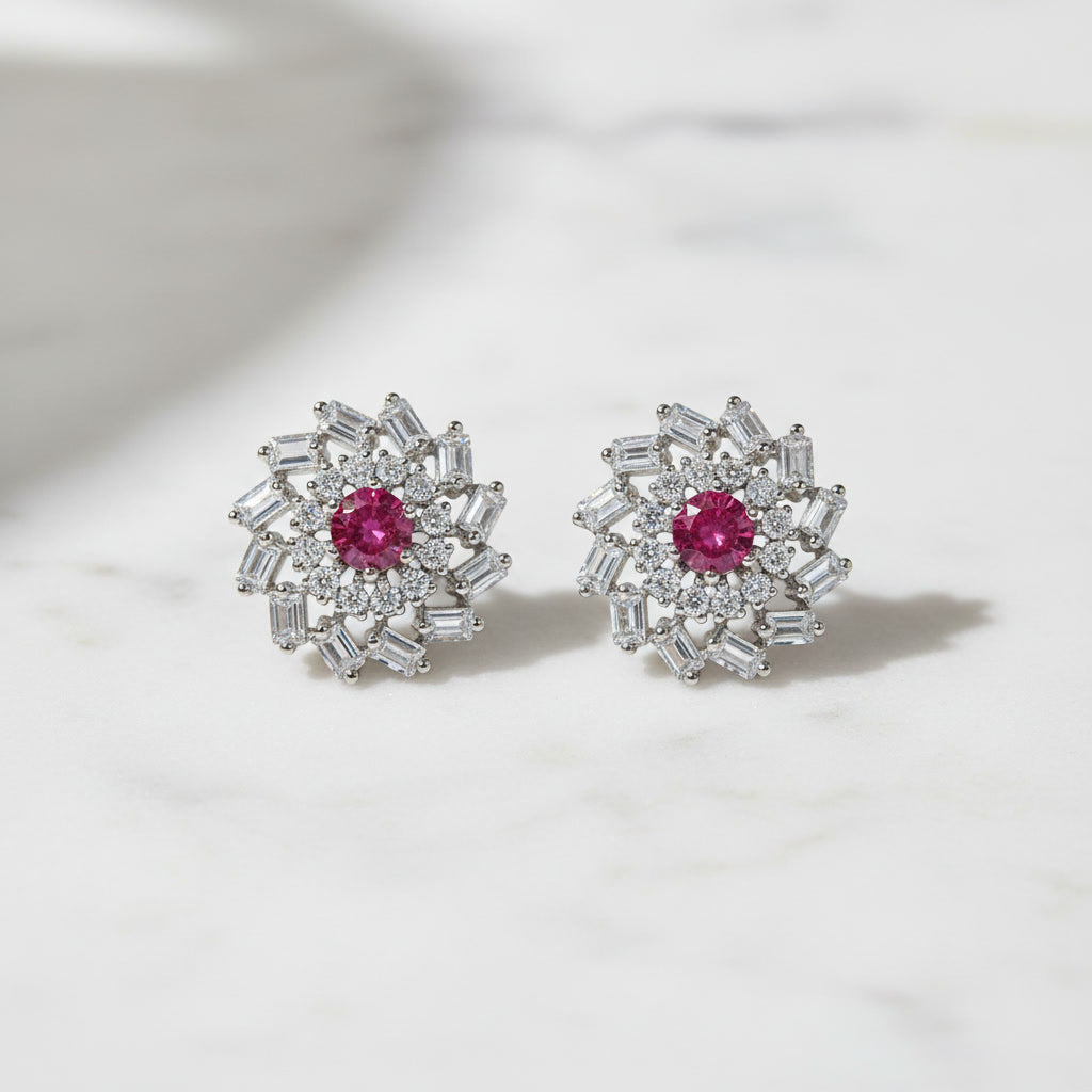 Ruby Halo Silver Stud Earrings – Minimal Diamond Look (Pair)