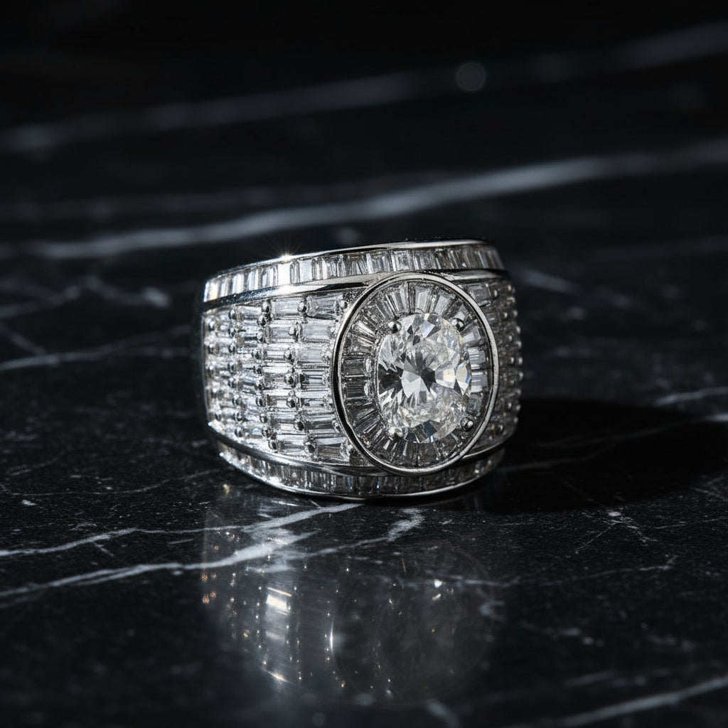 Luxury Silver Men’s Ring with Baguette Cut Stones | Premium Statement Ring
