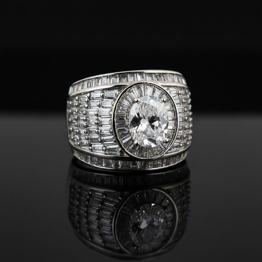 Luxury Silver Men’s Ring with Baguette Cut Stones | Premium Statement Ring