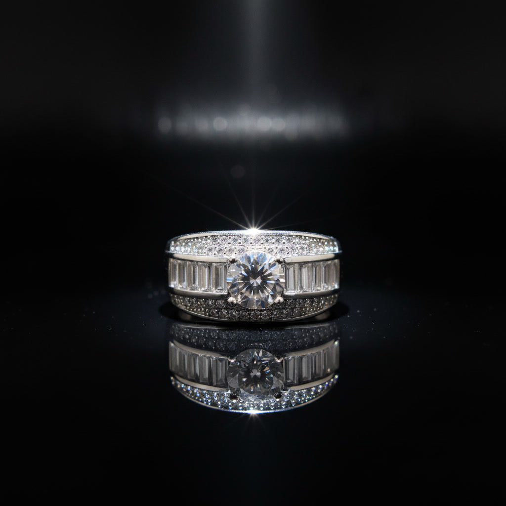 Men’s Premium Silver Diamond Ring with Round Center Stone & Baguette Side Setting