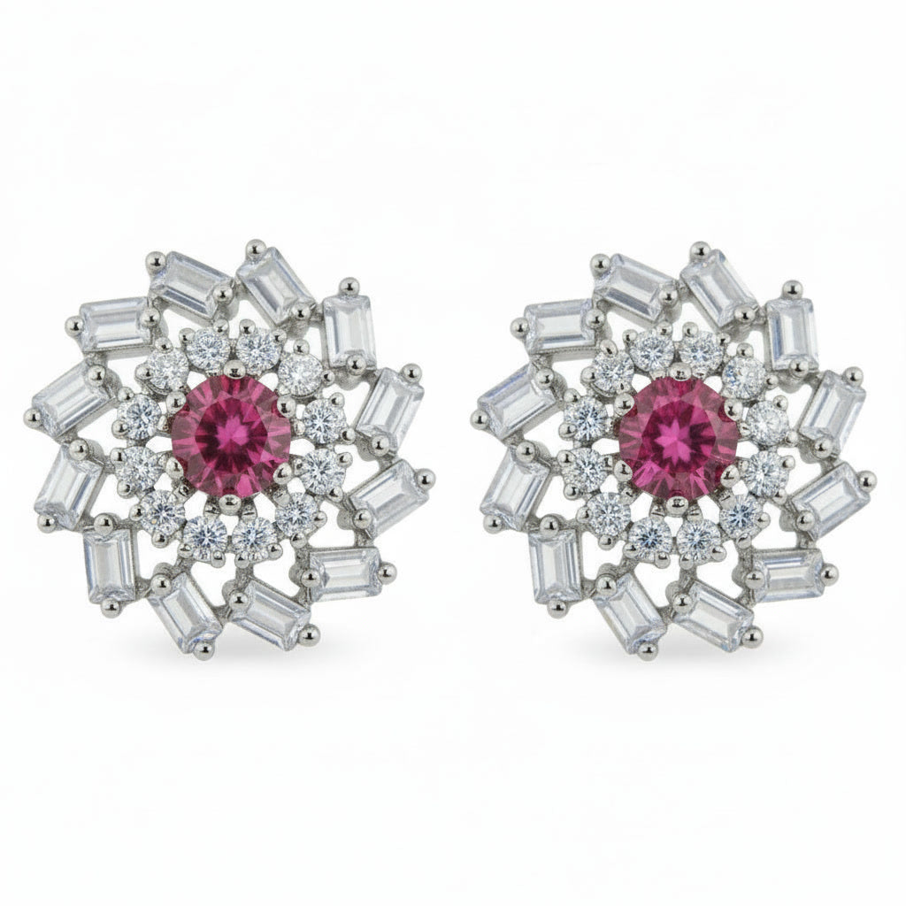 Ruby Halo Silver Stud Earrings – Minimal Diamond Look (Pair)