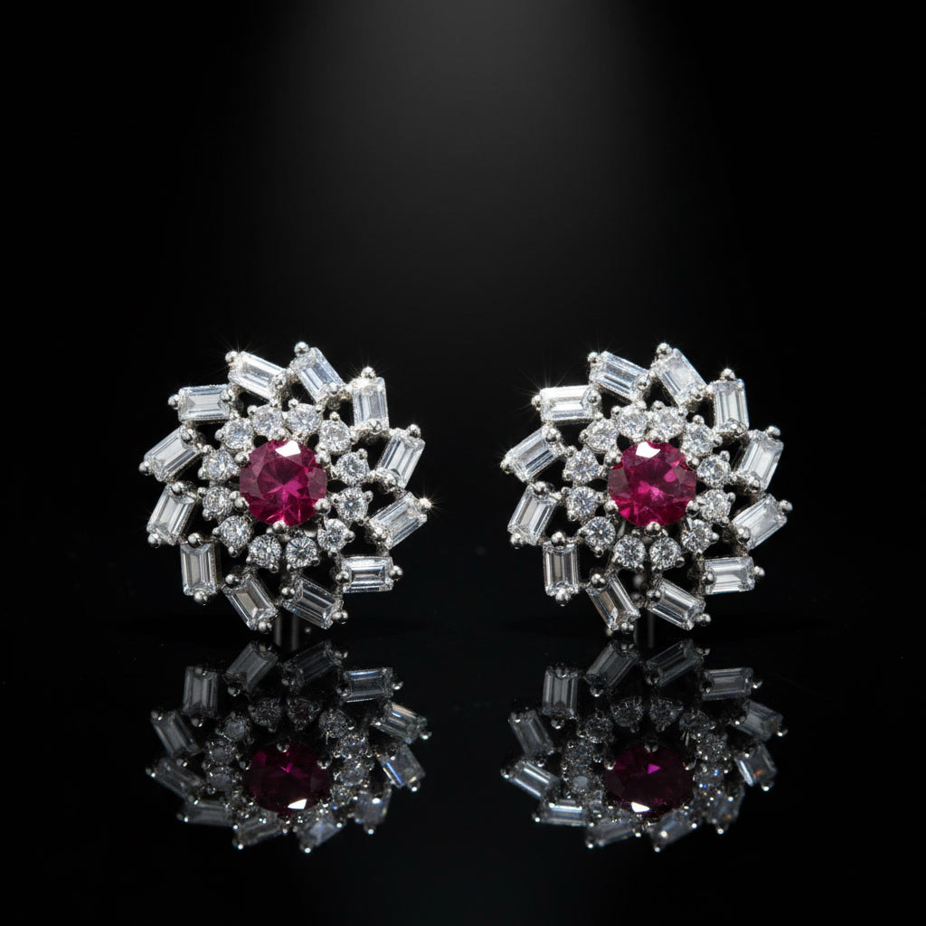 Ruby Halo Silver Stud Earrings – Minimal Diamond Look (Pair)