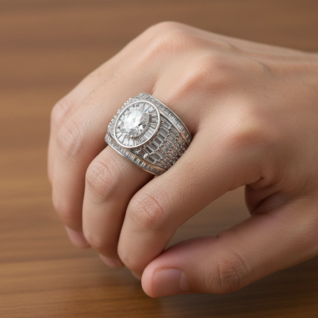 Luxury Silver Men’s Ring with Baguette Cut Stones | Premium Statement Ring