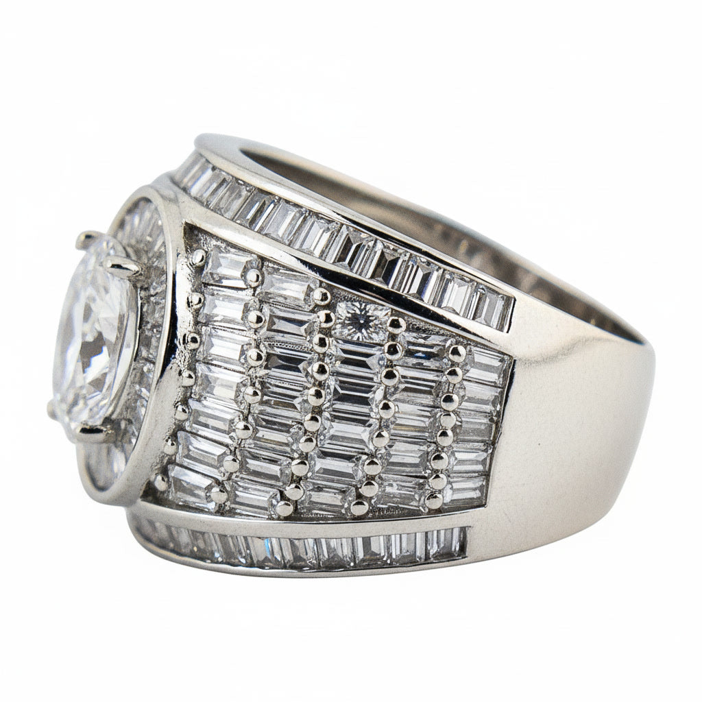 Luxury Silver Men’s Ring with Baguette Cut Stones | Premium Statement Ring