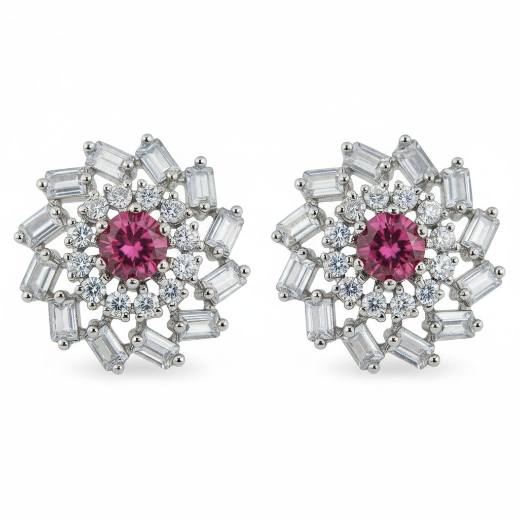 Ruby Halo Silver Stud Earrings – Minimal Diamond Look (Pair)