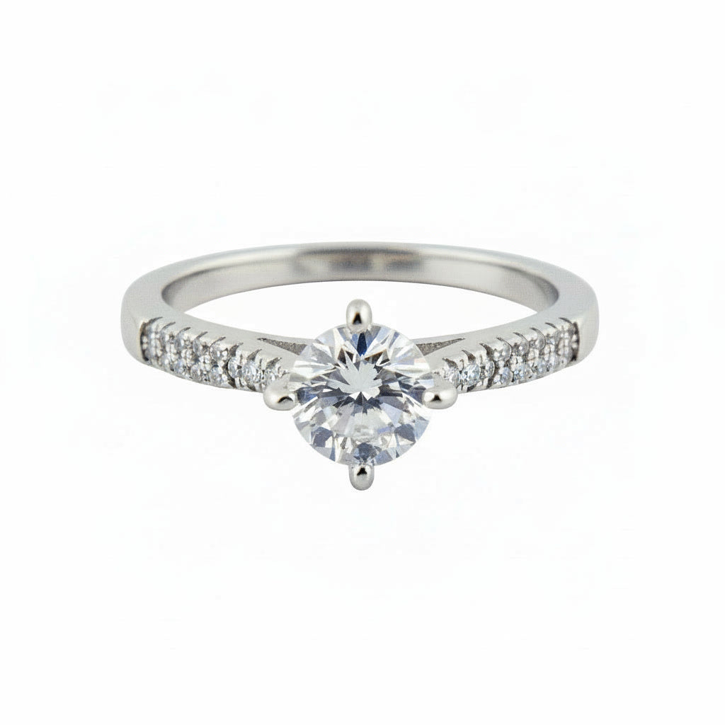 Elegant Solitaire Silver Ring with Pave Accents