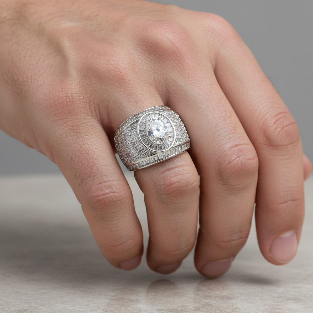 Luxury Silver Men’s Ring with Baguette Cut Stones | Premium Statement Ring