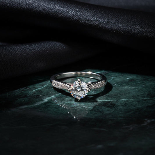 Elegant Solitaire Silver Ring with Pave Accents