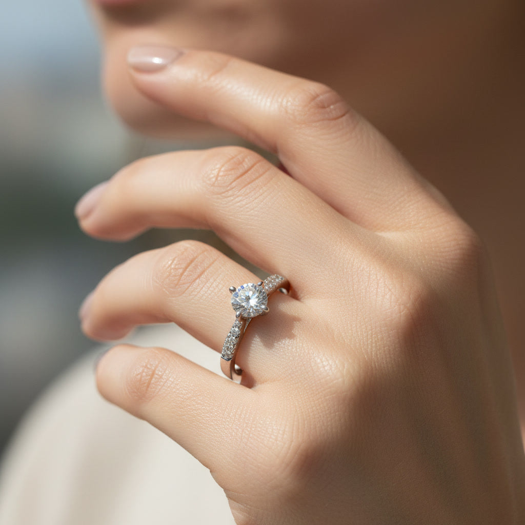 Elegant Solitaire Silver Ring with Pave Accents
