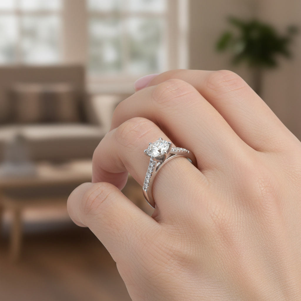 Elegant Solitaire Silver Ring with Pave Accents