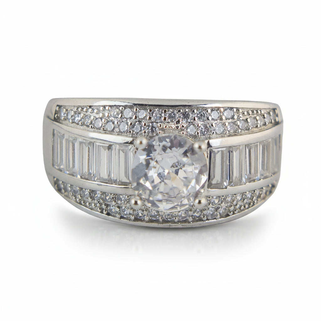 Men’s Premium Silver Diamond Ring with Round Center Stone & Baguette Side Setting