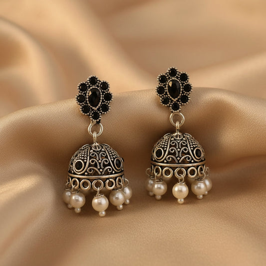 Minimal Oxidised Silver Jhumka Earrings with Pearl Drops & Black Stones